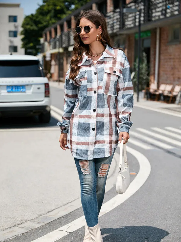 Woolen Plaid Mid-Length Shirt Jacket Autumn Shacket