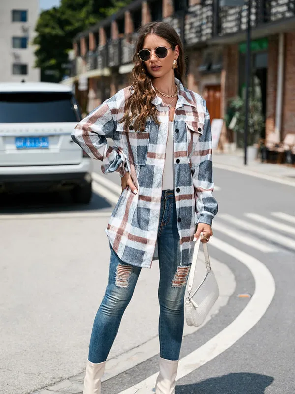 Woolen Plaid Mid-Length Shirt Jacket Autumn Shacket